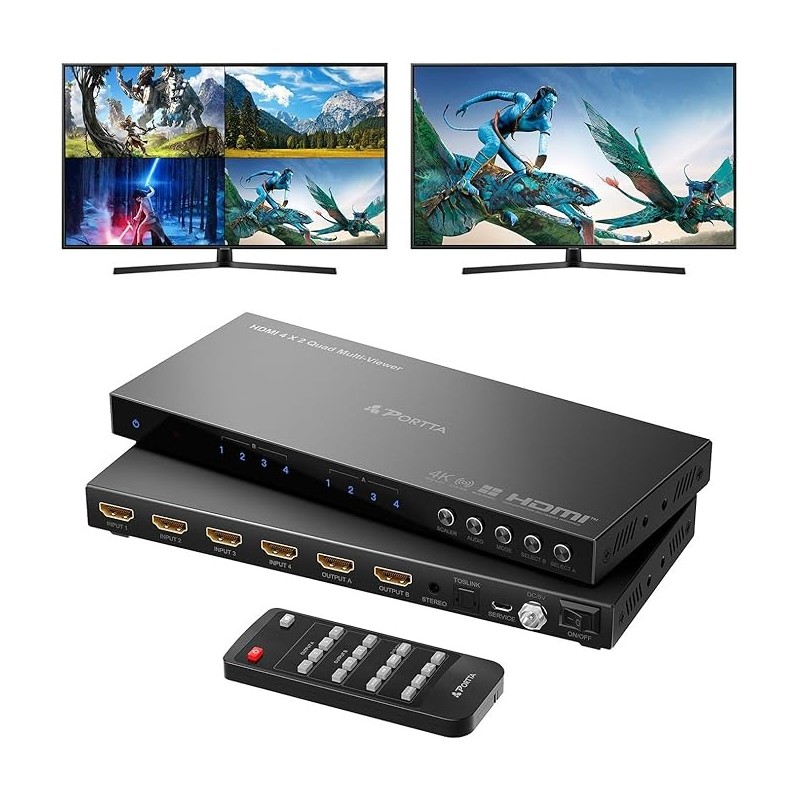 Przełącznik 4K HDMI Multiviewer 4 x 2 z PIP, PORTTA Quad Multi Viewer